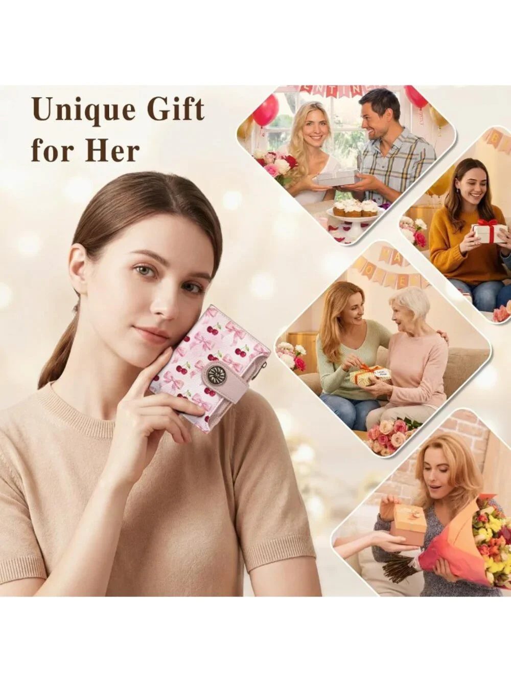 Cute Cherry Bow Wallet - Compact RFID Bifold Purse with Coin Pocket & Card Slots